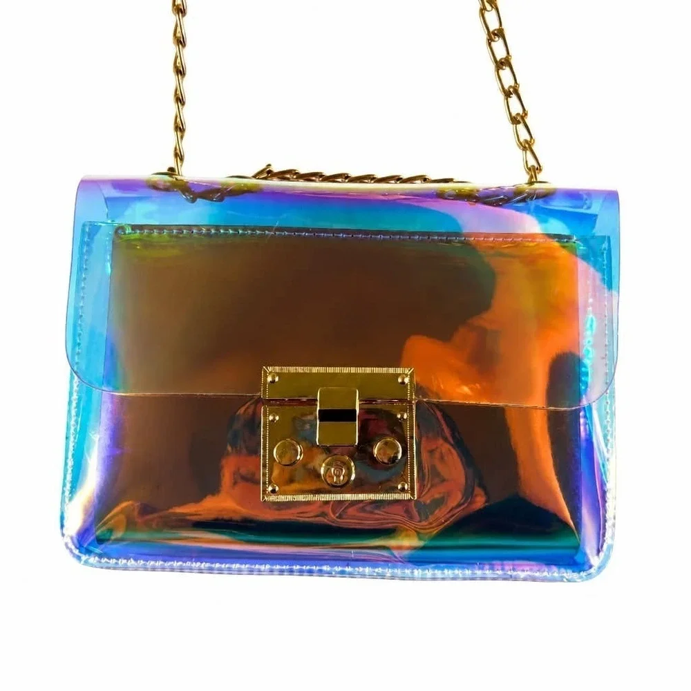Iridescent Clear Crossbody Bag Rose Gold Holographic Jelly Purse Concert Festiva